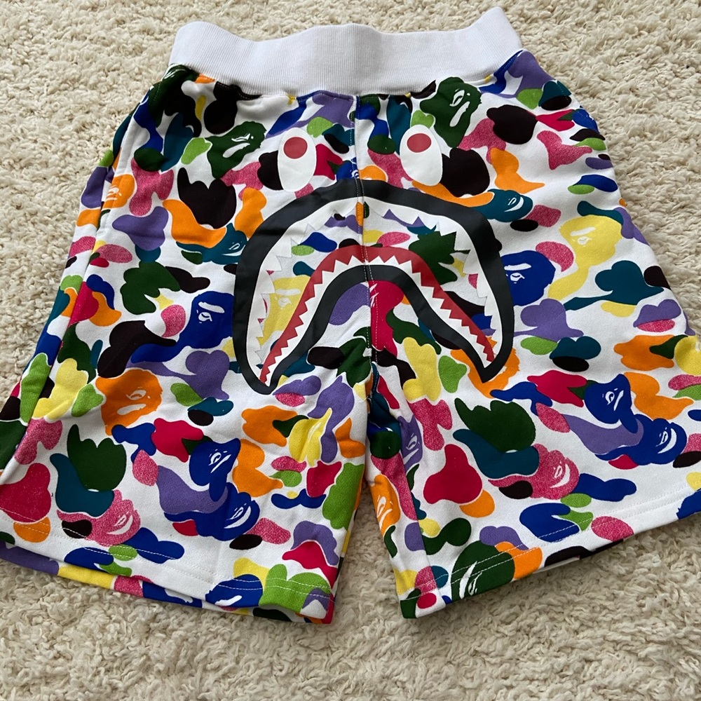 Bape white multi shark head shorts